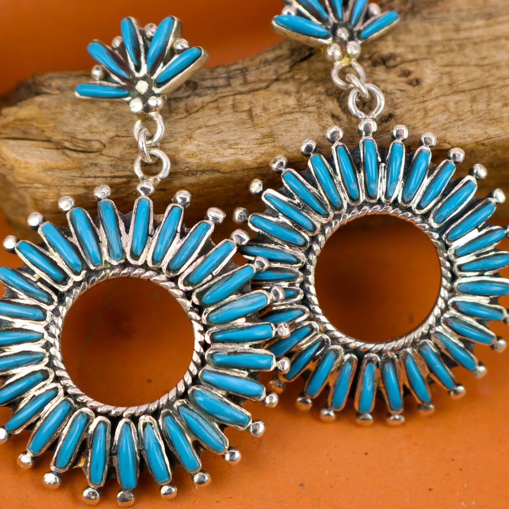 Turquoise Sunburst Hoop Earrings - Silver Tone